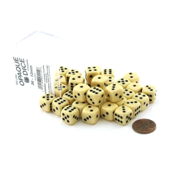 Case of 36 Deluxe Opaque Small 12mm Round Edge Dice - Ivory with Black Pips - Your Source for Gaming Essentials New