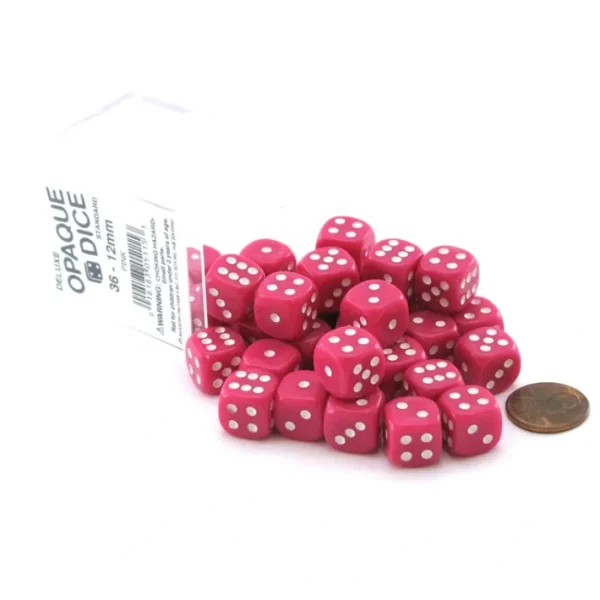 Case of 36 Deluxe Opaque Small 12mm Round Edge Dice - Pink with White Pips - Your Source for Gaming Essentials Store