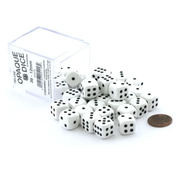 Case of 36 Deluxe Opaque Small 12mm Round Edge Dice - White with Black Pips - Your Source for Gaming Essentials Clearance