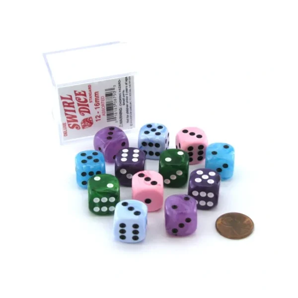 Case of 12 Deluxe Swirl 16mm Round Edge Dice - Assorted Colors - Your Source for Gaming Essentials Fashion