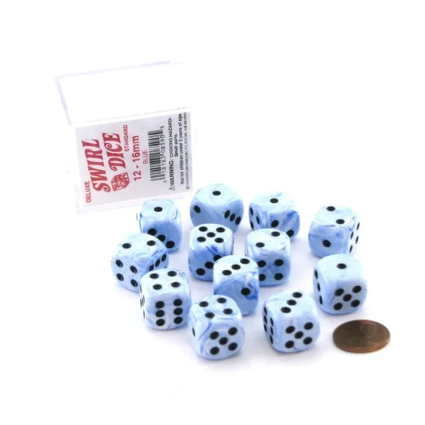 Case of 12 Deluxe Swirl 16mm Round Edge Dice - Blue with Black Pips - Your Source for Gaming Essentials Clearance