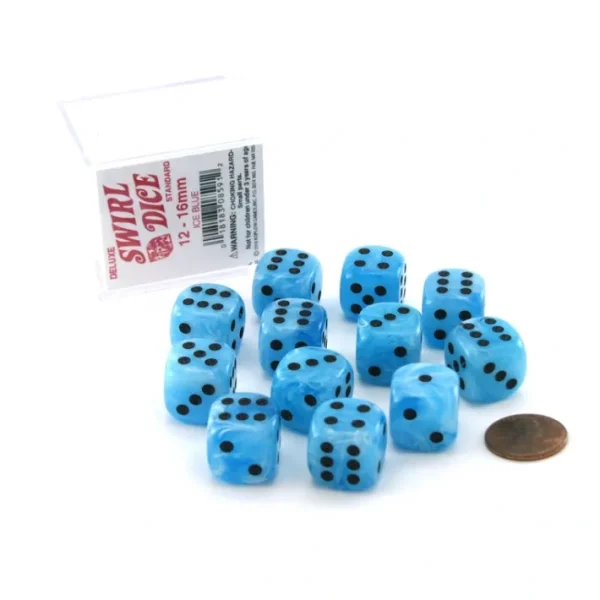 Case of 12 Deluxe Swirl 16mm Round Edge Dice - Ice Blue with Black Pips - Your Source for Gaming Essentials Sale