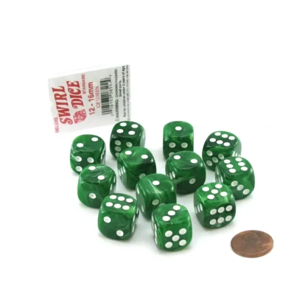 Case of 12 Deluxe Swirl 16mm Round Edge Dice - Ice Green with White Pips - Your Source for Gaming Essentials Best