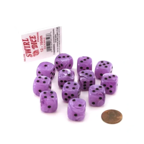 Case of 12 Deluxe Swirl 16mm Round Edge Dice - Ice Purple with Black Pips - Your Source for Gaming Essentials Fashion
