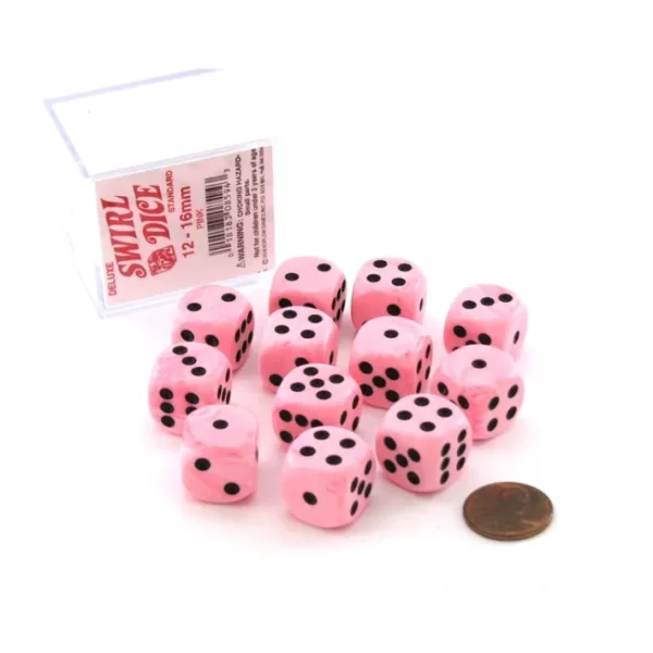 Case of 12 Deluxe Swirl 16mm Round Edge Dice - Pink with Black Pips - Your Source for Gaming Essentials Store
