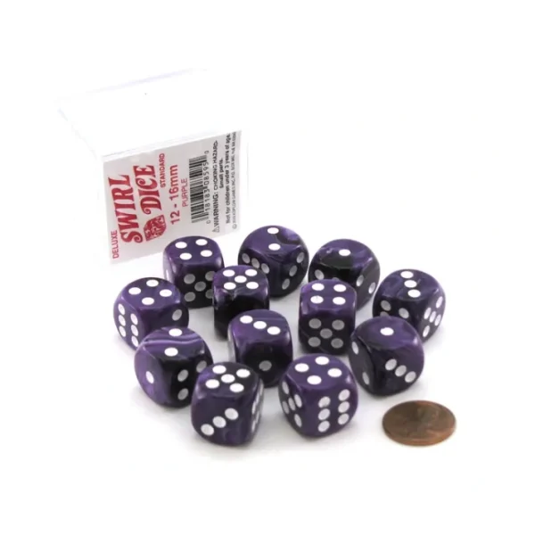 Case of 12 Deluxe Swirl 16mm Round Edge Dice - Purple with White Pips - Your Source for Gaming Essentials Best Sale