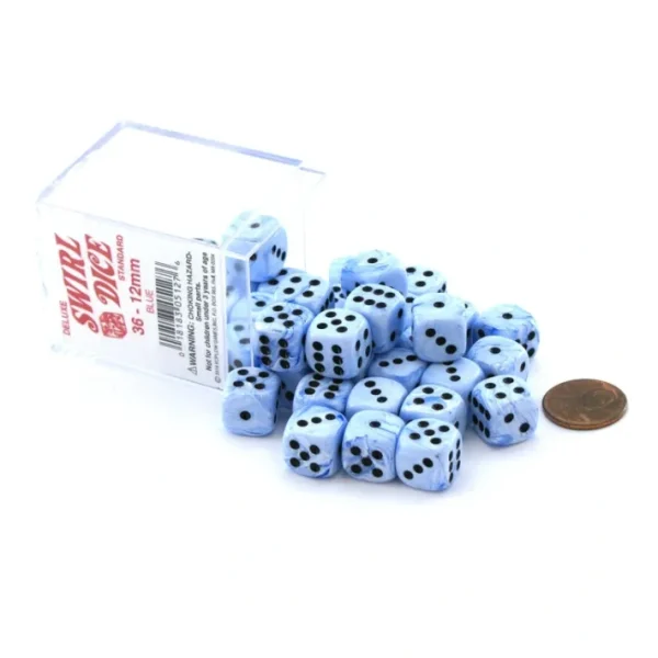 Case of 36 Deluxe Swirl Small 12mm Round Edge Dice - Blue with Black Pips - Your Source for Gaming Essentials Cheap