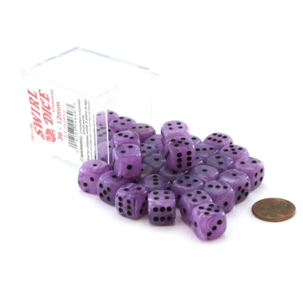 Case of 36 Deluxe Swirl Small 12mm Round Edge Dice - Ice Purple with Black Pips - Your Source for Gaming Essentials Store