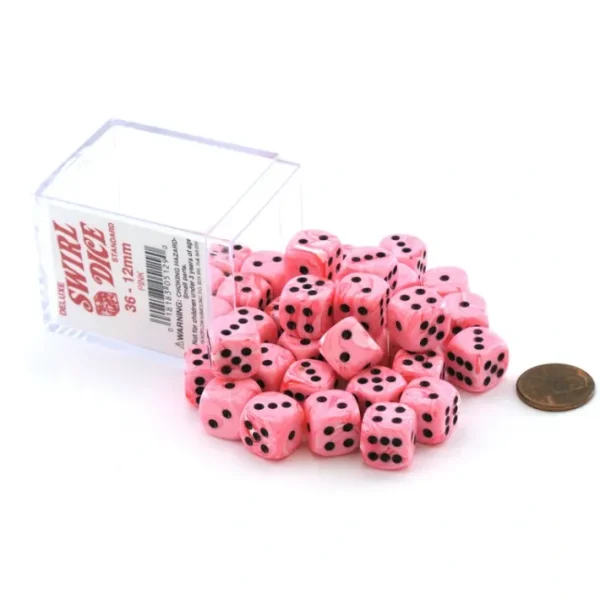 Case of 36 Deluxe Swirl Small 12mm Round Edge Dice - Pink with Black Pips - Your Source for Gaming Essentials Cheap