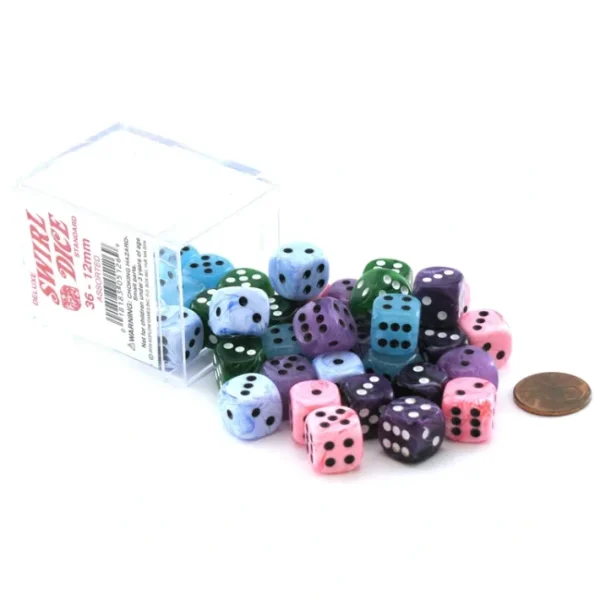 Case of 36 Deluxe Swirl Small 12mm Round Edge Dice - Assorted Colors - Your Source for Gaming Essentials Fashion