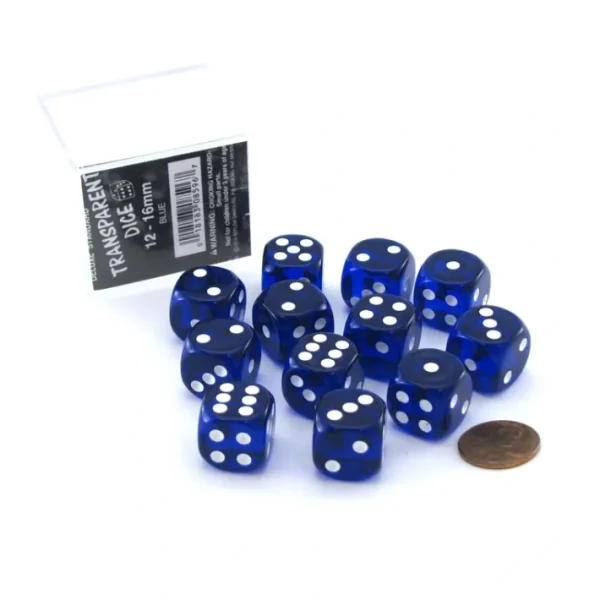 Case of 12 Deluxe Transparent 16mm Round Edge Dice - Blue with White Pips - Your Source for Gaming Essentials New