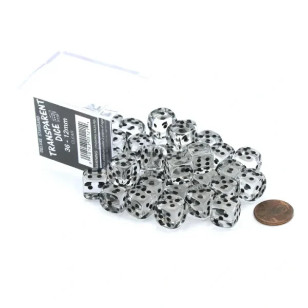 Case of 36 Deluxe Transparent Small 12mm Round Edge Dice - Clear with Black Pips - Your Source for Gaming Essentials Cheap
