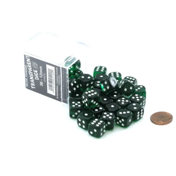 Case of 36 Deluxe Transparent Small 12mm Round Edge Dice - Green with White Pips - Your Source for Gaming Essentials Clearance