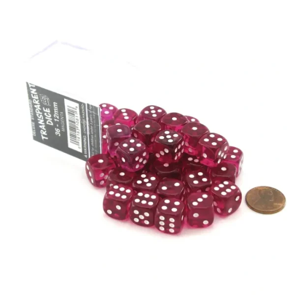 Case of 36 Deluxe Transparent Small 12mm Round Edge Dice - Magenta with White - Your Source for Gaming Essentials Outlet