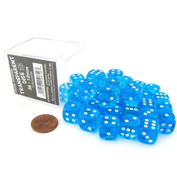 Case of 36 Deluxe Transparent Small 12mm Round Edge Dice - Turquoise with White - Your Source for Gaming Essentials Discount
