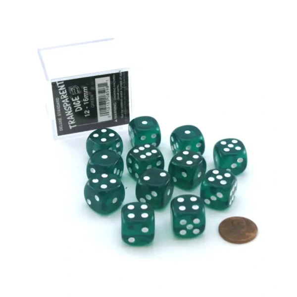 Case of 12 Deluxe Transparent 16mm Round Edge Dice - Green with White Pips - Your Source for Gaming Essentials Best Sale