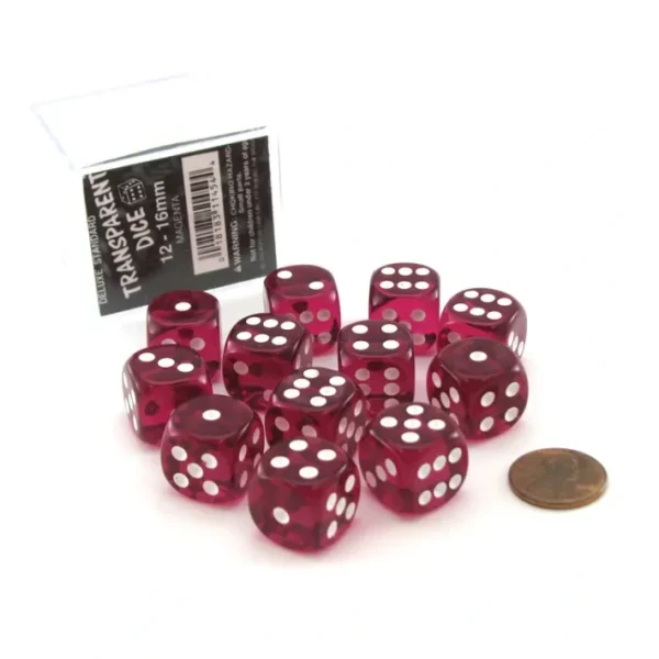 Case of 12 Deluxe Transparent 16mm Round Edge Dice - Magenta with White Pips - Your Source for Gaming Essentials Best Sale