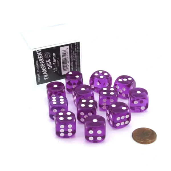 Case of 12 Deluxe Transparent 16mm Round Edge Dice - Purple with White Pips - Your Source for Gaming Essentials Fashion