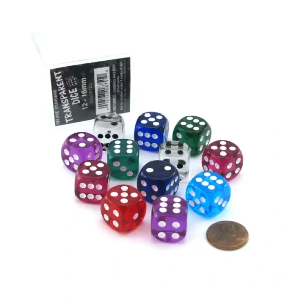 Case of 12 Deluxe Transparent 16mm Round Edge Dice - Assorted Colors - Your Source for Gaming Essentials Sale