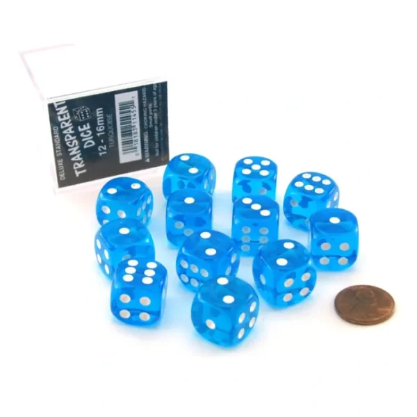 Case of 12 Deluxe Transparent 16mm Round Edge Dice - Turquoise with White Pips - Your Source for Gaming Essentials Best