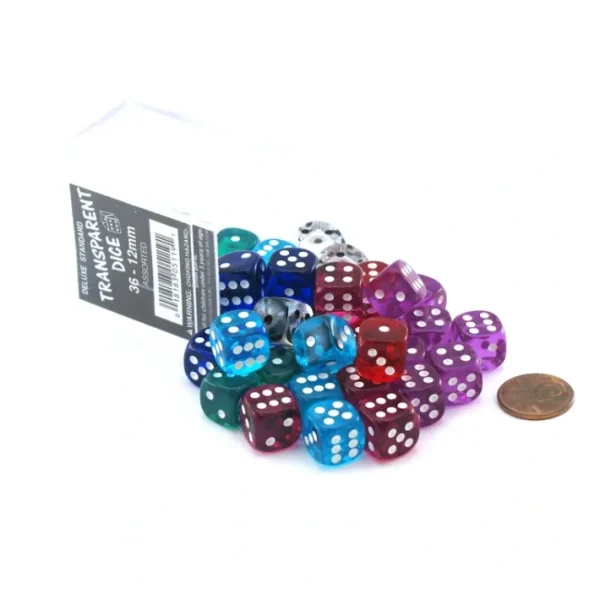 Case of 36 Deluxe Transparent Small 12mm Round Edge Dice - Assorted Colors - Your Source for Gaming Essentials Clearance