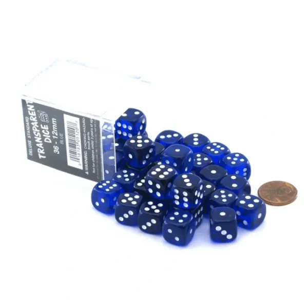 Case of 36 Deluxe Transparent Small 12mm Round Edge Dice - Blue with White Pips - Your Source for Gaming Essentials Outlet