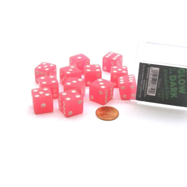 Case with 12 16mm Glow in the Dark Dice - Peach Color with White Pips - Your Source for Gaming Essentials Flash Sale