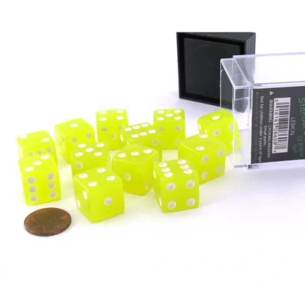 Case with 12 16mm Glow in the Dark Dice - Lemon Color with White Pips - Your Source for Gaming Essentials Sale