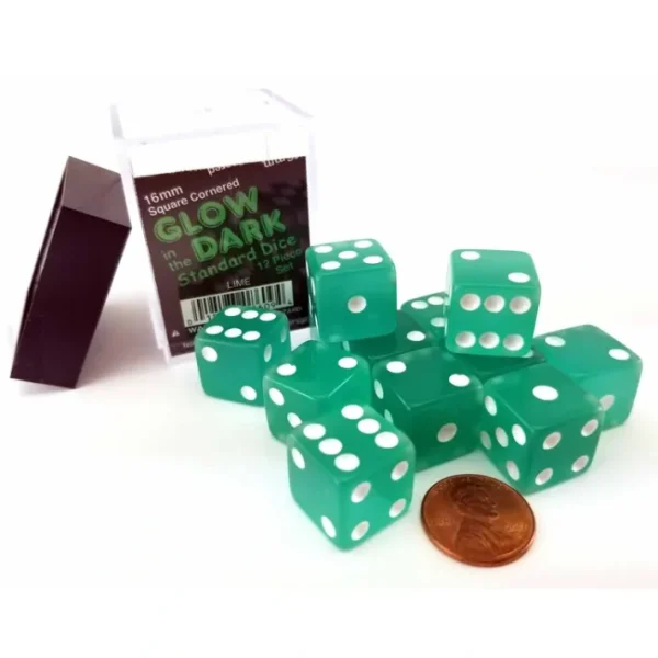 Case with 12 16mm Glow in the Dark Dice - Lime Color with White Pips - Your Source for Gaming Essentials Cheap