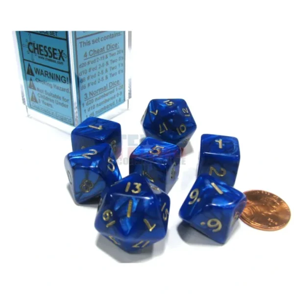 Cheater's Polyhedral 7-Dice Chessex Set - Pearlescent Blue with Gold Numbers - Your Source for Gaming Essentials Shop