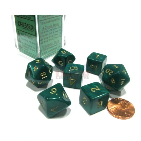 Cheater's Polyhedral 7-Dice Chessex Set - Pearlescent Green with Gold Numbers - Your Source for Gaming Essentials Sale