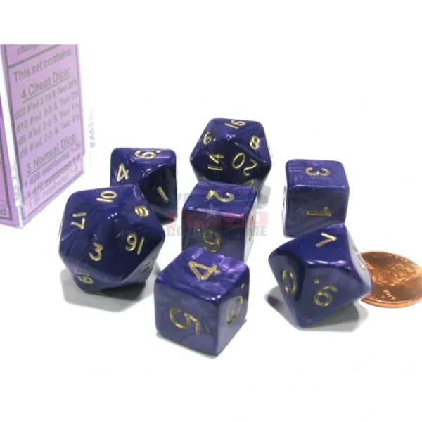 Cheater's Polyhedral 7-Dice Chessex Set - Pearlescent Purple with Gold Numbers - Your Source for Gaming Essentials New