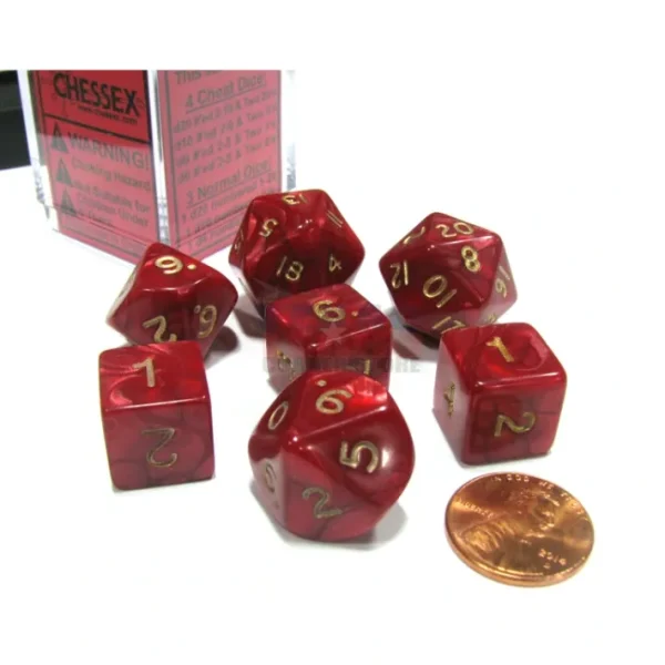 Cheater's Polyhedral 7-Dice Chessex Set - Pearlescent Red with Gold Numbers - Your Source for Gaming Essentials Fashion
