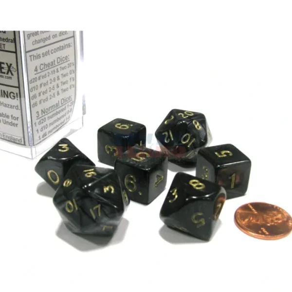 Cheater's Polyhedral 7-Dice Chessex Set - Pearlescent Black-Gray with Gold - Your Source for Gaming Essentials New