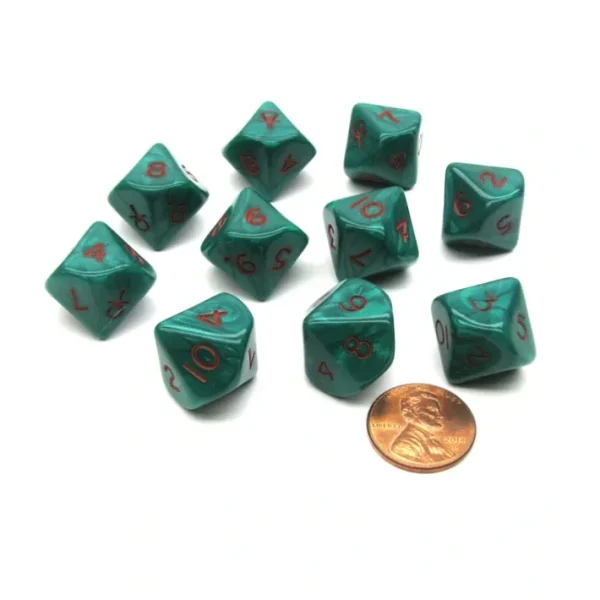 D10 Die 10 Piece Chessex Dice Set - Ankh Green with Red Pearlized Numbers - Your Source for Gaming Essentials Store
