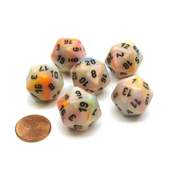 Festive 20 Sided D20 Chessex Dice, 6 Pieces - Circus with Black Numbers - Your Source for Gaming Essentials Outlet