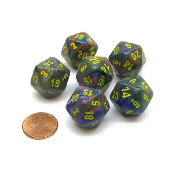 Festive 20 Sided D20 Chessex Dice, 6 Pieces - Rio with Yellow Numbers - Your Source for Gaming Essentials Shop