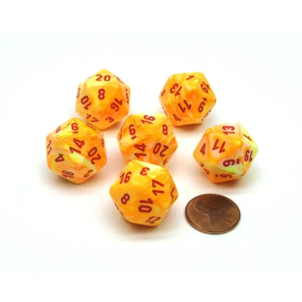 Festive 20 Sided D20 Chessex Dice, 6 Pieces - Sunburst with Red Numbers - Your Source for Gaming Essentials Online