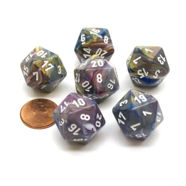Festive 20 Sided D20 Chessex Dice, 6 Pieces - Carousel with White Numbers - Your Source for Gaming Essentials Clearance