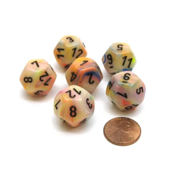 Festive 18mm 12 Sided D12 Chessex Dice, 6 Pieces - Circus with Black - Your Source for Gaming Essentials Shop
