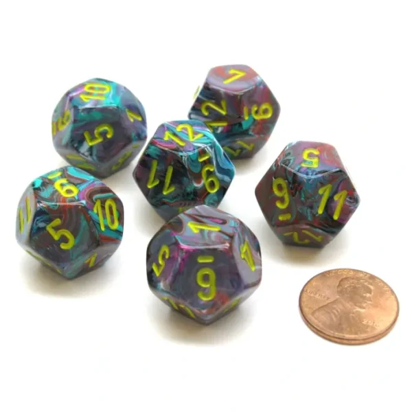 Festive 18mm 12 Sided D12 Chessex Dice, 6 Pieces - Mosaic with Yellow - Your Source for Gaming Essentials Outlet