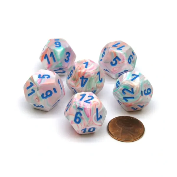 Festive 18mm 12 Sided D12 Chessex Dice, 6 Pieces - Pop Art with Blue Numbers - Your Source for Gaming Essentials New