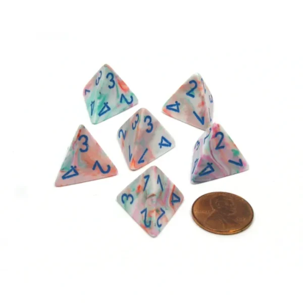 Festive 18mm 4 Sided D4 Chessex Dice, 6 Pieces - Pop Art with Blue Numbers - Your Source for Gaming Essentials Outlet