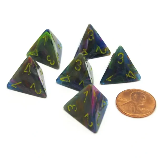 Festive 18mm 4 Sided D4 Chessex Dice, 6 Pieces - Rio with Yellow - Your Source for Gaming Essentials Cheap