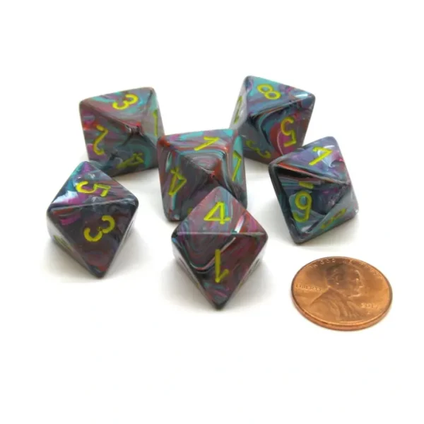 Festive 15mm 8 Sided D8 Chessex Dice, 6 Pieces - Mosaic with Yellow - Your Source for Gaming Essentials Clearance