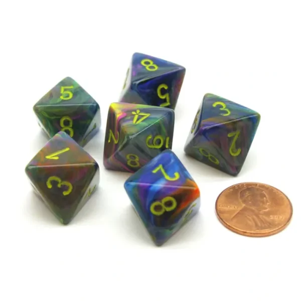 Festive 15mm 8 Sided D8 Chessex Dice, 6 Pieces - Rio with Yellow - Your Source for Gaming Essentials Outlet