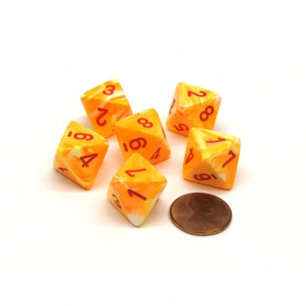 Festive 15mm 8 Sided D8 Chessex Dice, 6 Pieces - Sunburst with Red Numbers - Your Source for Gaming Essentials Outlet