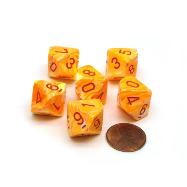 Festive 16mm D10 (0-9) Chessex Dice, 6 Pieces - Sunburst with Red Numbers - Your Source for Gaming Essentials Sale