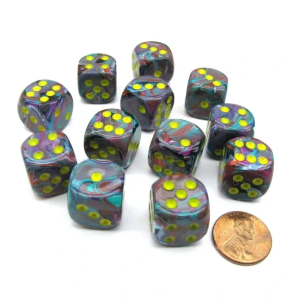 Festive 16mm D6 Chessex Dice Block (12 Dice) - Mosaic with Yellow Numbers - Your Source for Gaming Essentials Shop