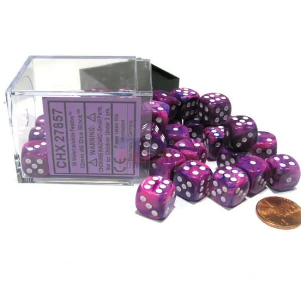 Festive 12mm D6 Chessex Dice Block (36 Dice) - Violet with White Pips - Your Source for Gaming Essentials Outlet